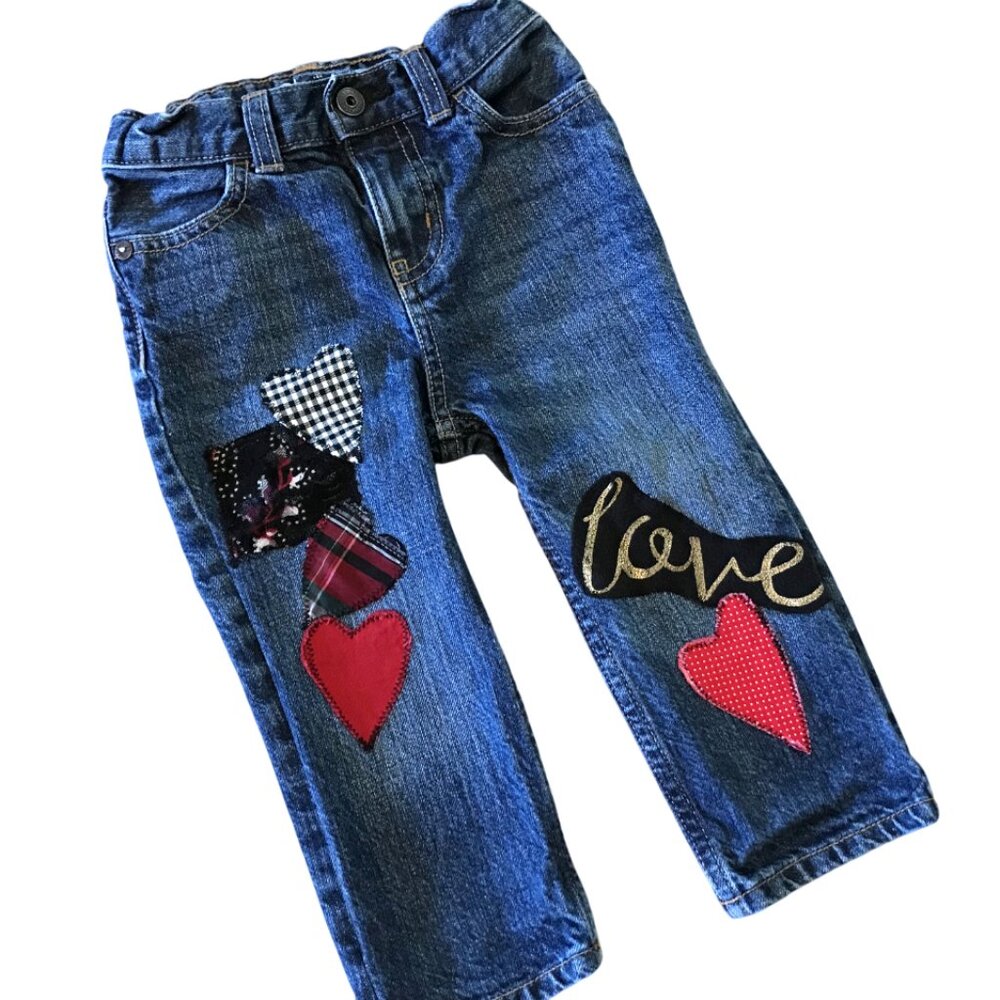 Toddler Patchwork Jeans Handmade Heart & Love Patches Size 12 - 18 months